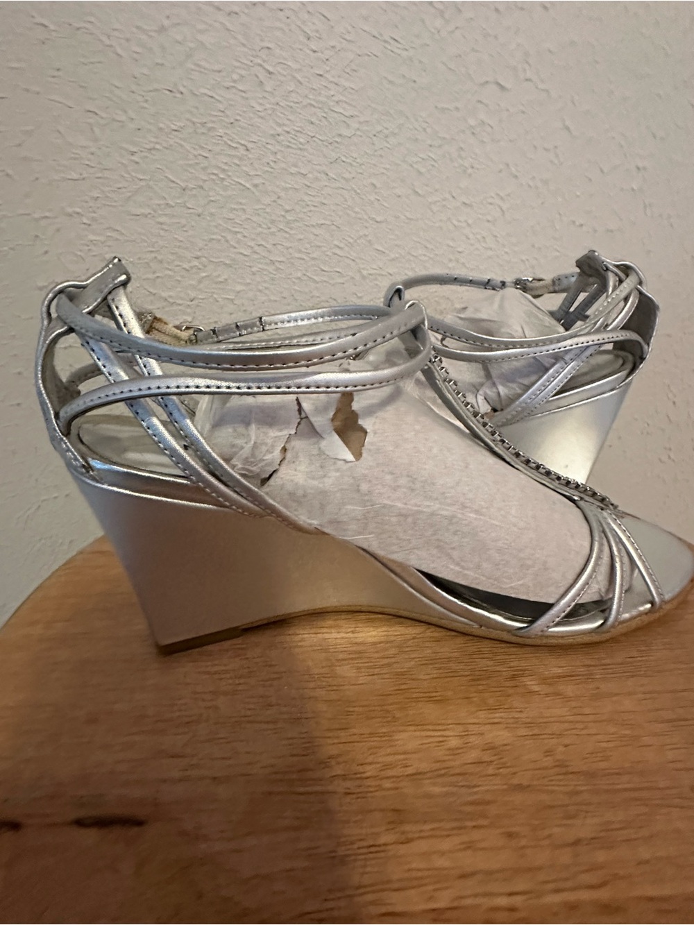 Andrea Silver Strappy Rhinestone Wedge Sandals w/ Ankle Strap, Women's 7
